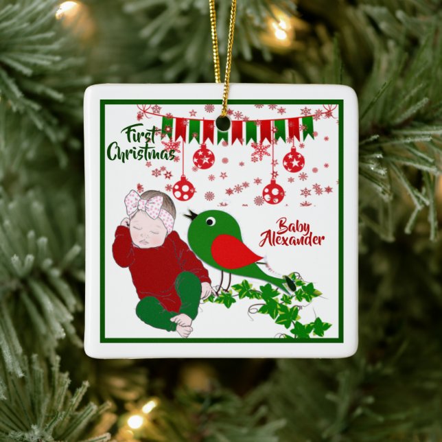 Sleeping Babys First Christmas Art Chirping Birdie Ceramic Ornament (Tree)