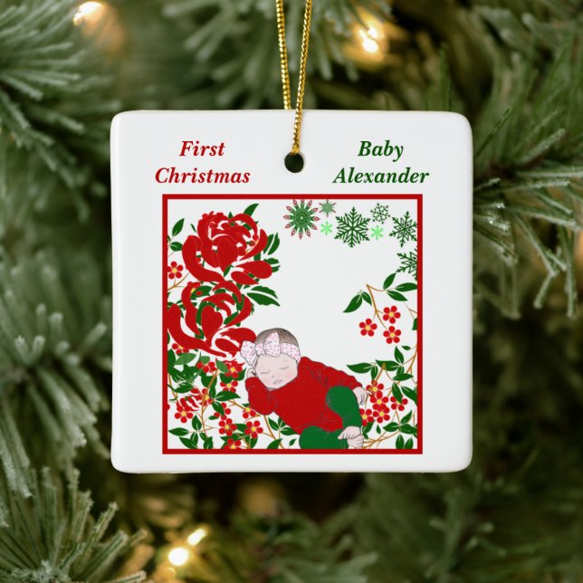 Sleeping Baby's First Christmas Art Personalized Ceramic Ornament (Tree)