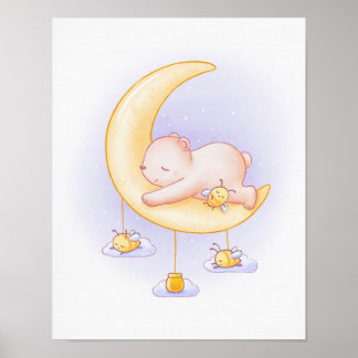 Sleeping Bear and Bees Cute Cartoon Art Poster