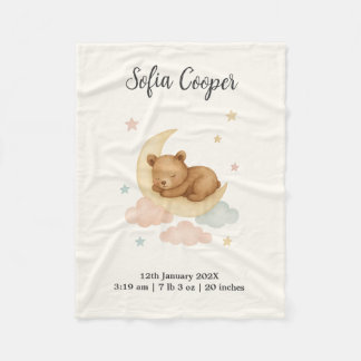Sleeping Bear and Moon Birth Stats Baby Blanket