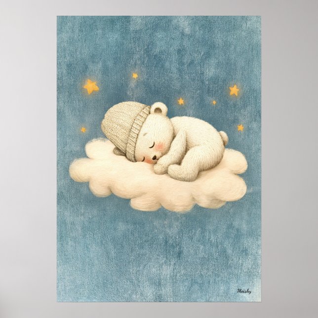 Sleeping Bear Cloud Nursery Baby Illustration Poster (Front)