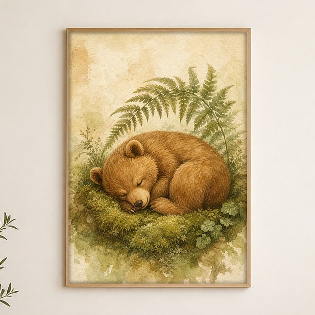 Sleeping Bear Cub Watercolour Whimsical Art Poster (Shown framed for scale. Poster ships unframed; frames are an optional add-on.)
