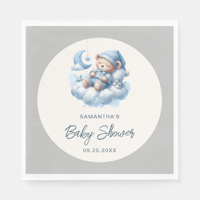 Sleeping bear on cloud blue & grey boy baby shower napkin (Front)
