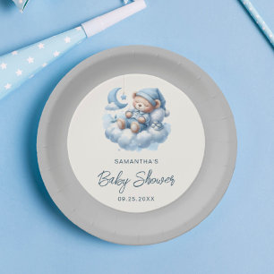 Sleeping bear on cloud grey & blue boy baby shower paper plate