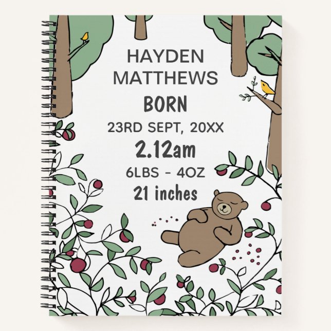 Sleeping Bear Woodland Personalised Baby Journal (Front)