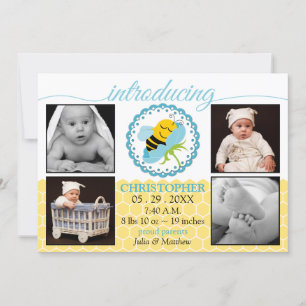 Sleeping Bee Baby Boy Photo Birth Announcement