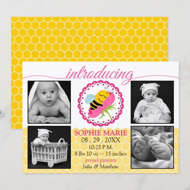 Sleeping Bee Baby Girl Photo Birth Announcement (Front/Back)