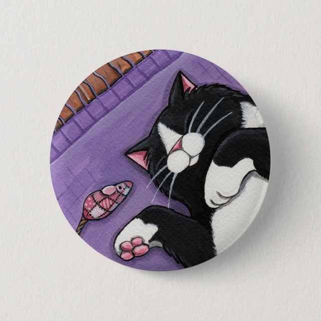 Sleeping Black Cat and Toy Mouse - Cat Art Button (Front)
