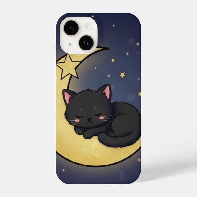 Sleeping Black Cat Gold Crescent Moon Celestial iPhone Case (Back)