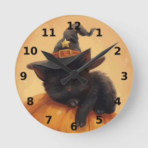 Sleeping Black Cat Halloween Wall Clock