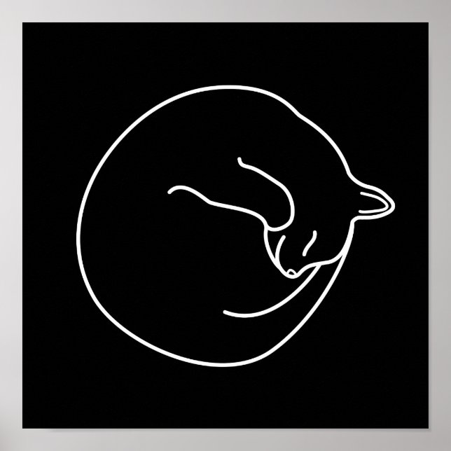 Sleeping Black Cat White on Black Print (Front)