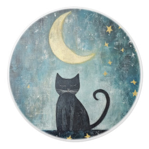 Sleeping Black Cat with Crescent Moon and Stars Ceramic Knob