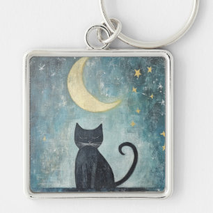 Sleeping Black Cat with Crescent Moon and Stars Key Ring