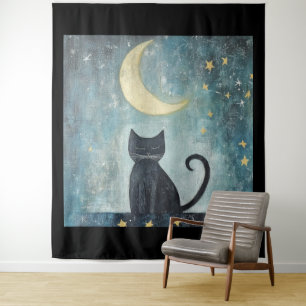 Sleeping Black Cat with Crescent Moon and Stars Tapestry