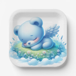 SLEEPING BLUE BABY BEAR ON A CLOUD PAPER PLATE