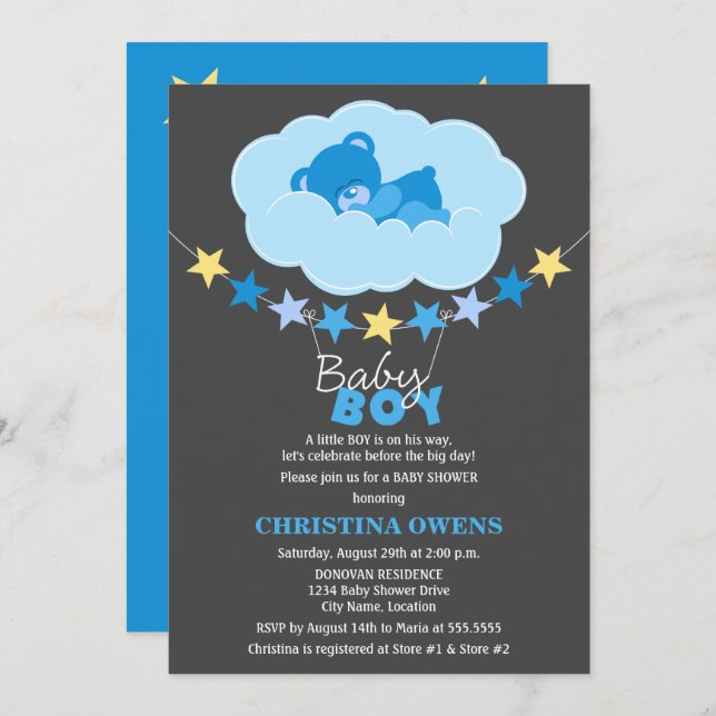 Sleeping Blue Boy Teddy Bear in Cloud Baby Shower Invitation (Front/Back)