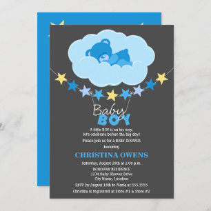 Sleeping Blue Boy Teddy Bear in Cloud Baby Shower Invitation