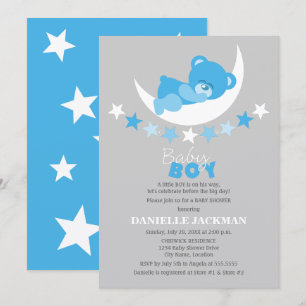 Sleeping Blue Boy Teddy Bear on Moon Baby Shower Invitation