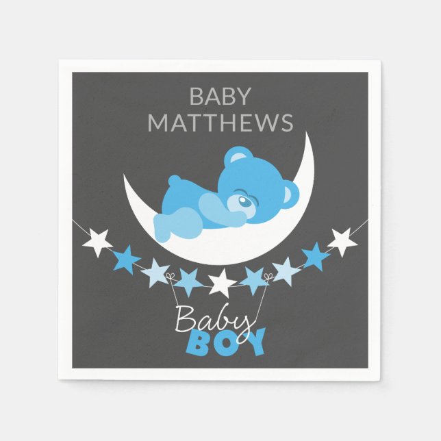 Sleeping Blue Boy Teddy Bear On Moon Baby Shower Napkin (Front)