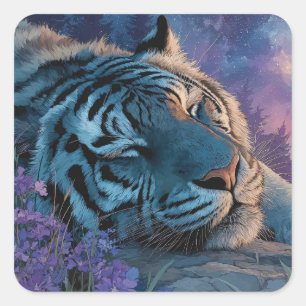 Sleeping Blue Tiger in Purple Wildflower Field Square Sticker