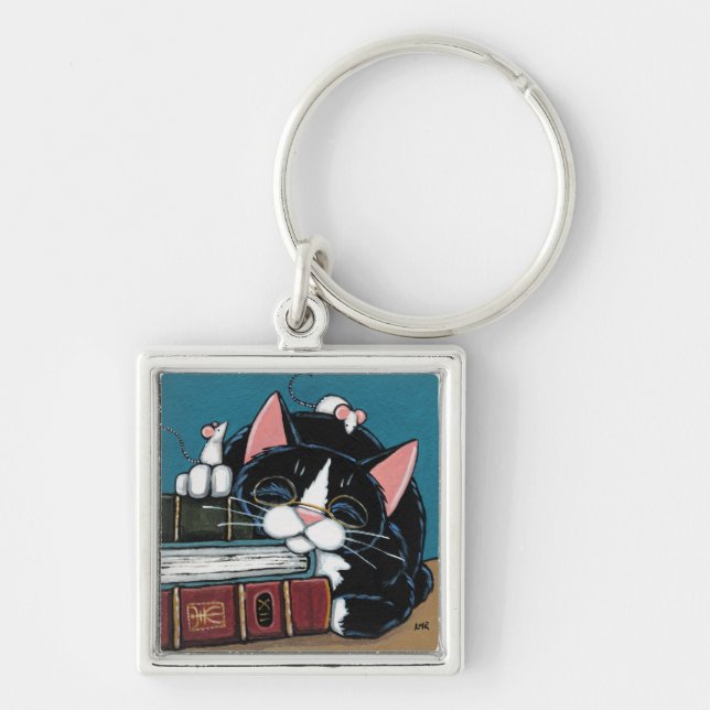 Sleeping Bookworm Tuxedo Cat and Mice Painting Key Ring (Front)