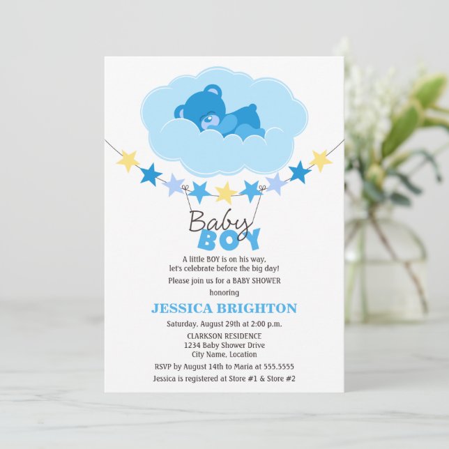 Sleeping Boy Teddy Bear in Cloud Baby Shower Invitation (Standing Front)