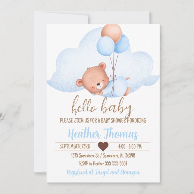 Sleeping Brown Bear and Cloud Baby Shower Invitation (Front)