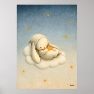 Sleeping Bunny Cloud Nursery Baby Illustration Poster