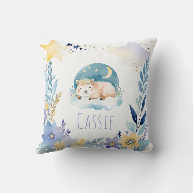 Sleeping Capybara Boho Name Nursery Pillow (Back)