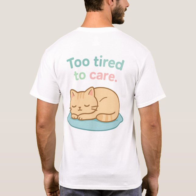 Sleeping cartoon cat curled on a blue cushion T-Shirt (Back)