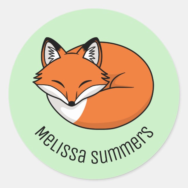Sleeping Cartoon Fox Custom Name Green Classic Round Sticker (Front)