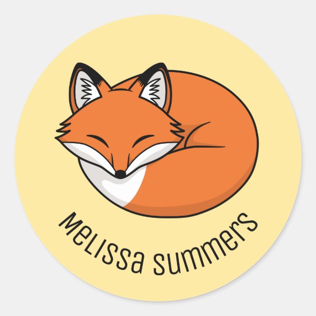 Sleeping Cartoon Fox Custom Name Yellow Classic Round Sticker (Front)