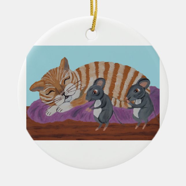 Sleeping Cat and Sneaky Mice Ceramic Ornament (Front)