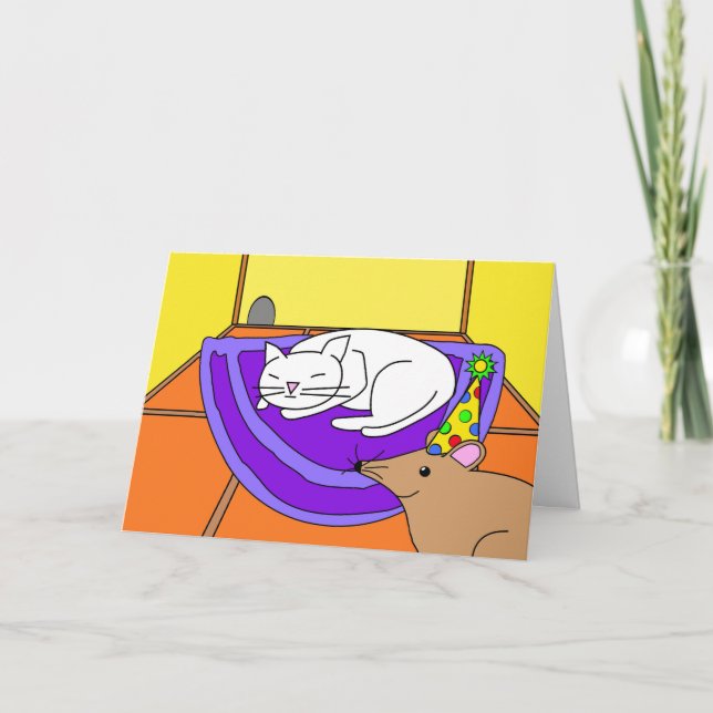 Sleeping Cat Birthday, Mouse with Party Hat Card (Front)