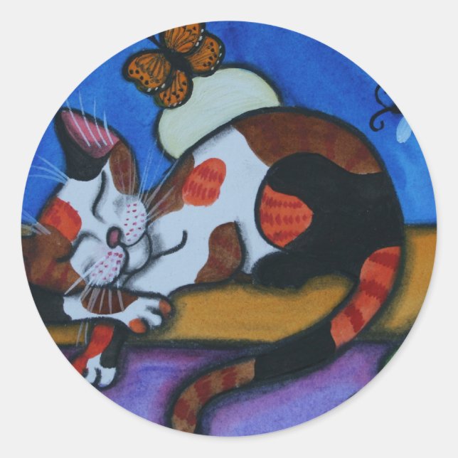 Sleeping Cat Butterflies and Dragonflies Classic Round Sticker (Front)