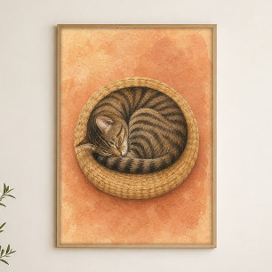 Sleeping Cat Curl Watercolour Whimsical Art Poster