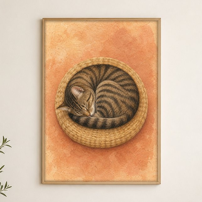 Sleeping Cat Curl Watercolour Whimsical Art Poster (Shown framed for scale. Poster ships unframed; frames are an optional add-on.)