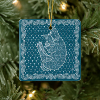 Sleeping Cat in digitally-drawn lace tree ornament
