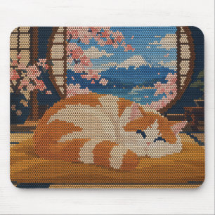 Sleeping Cat Mount Fuji Cherry Blossom Pixel Art Mouse Pad