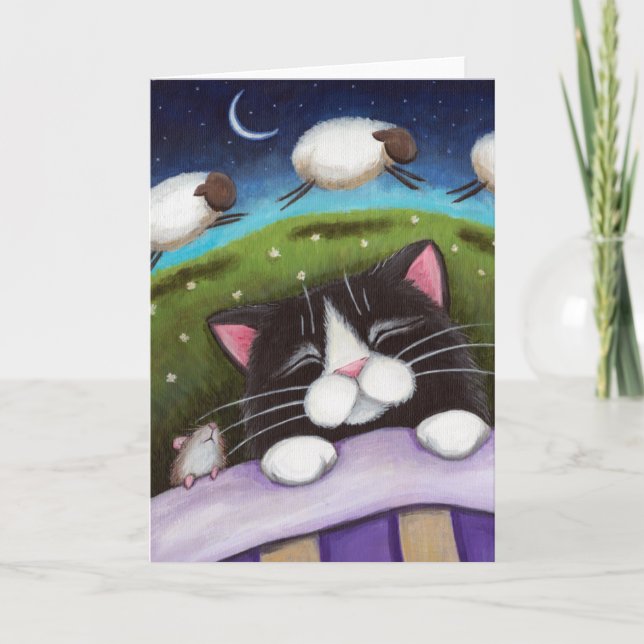 Sleeping Cat & Mouse Dream of Sheep - Cat Art Card (Front)