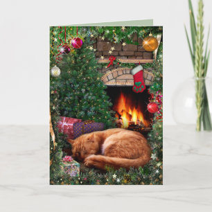 Sleeping Cat next to the Fireplace on Christmas Holiday Card