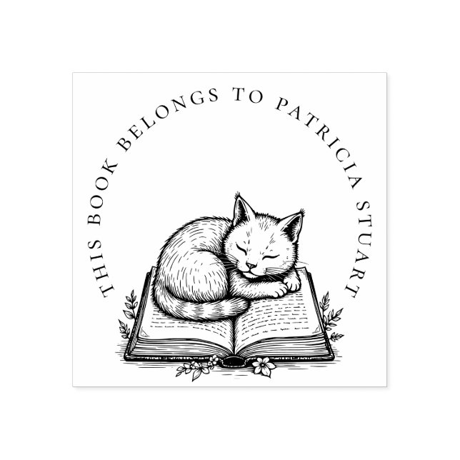 Sleeping Cat on Book Circular Name Ex Libris Rubber Stamp (Imprint)