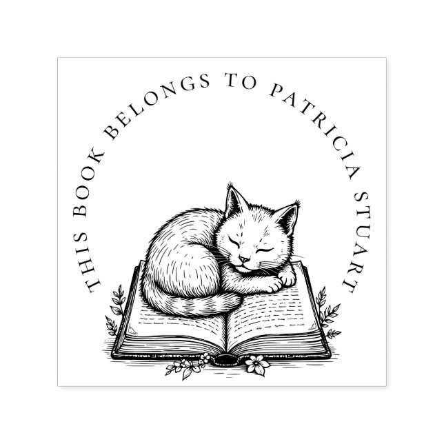 Sleeping Cat on Book Circular Name Ex Libris Self-inking Stamp (Design)