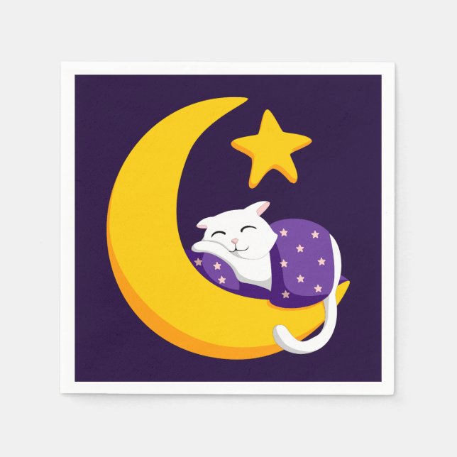 Sleeping Cat on Crescent Moon Star Ramadan Napkin (Front)