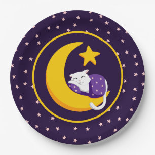 Sleeping Cat on Crescent Moon Star Ramadan Paper Plate