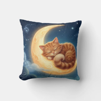 Sleeping Cat on Moon Nursery Throw Pillow