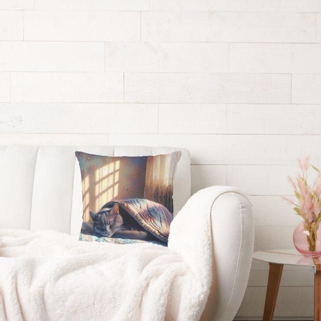 Sleeping Cat Under A Quilt Cushion (Couch)