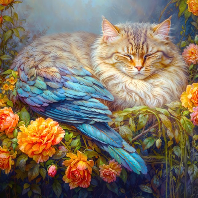 Sleeping Cat with Blue Feathers Nesting in Roses Jigsaw Puzzle (Close- up of artwork)