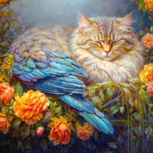 Sleeping Cat with Blue Feathers Nesting in Roses Jigsaw Puzzle