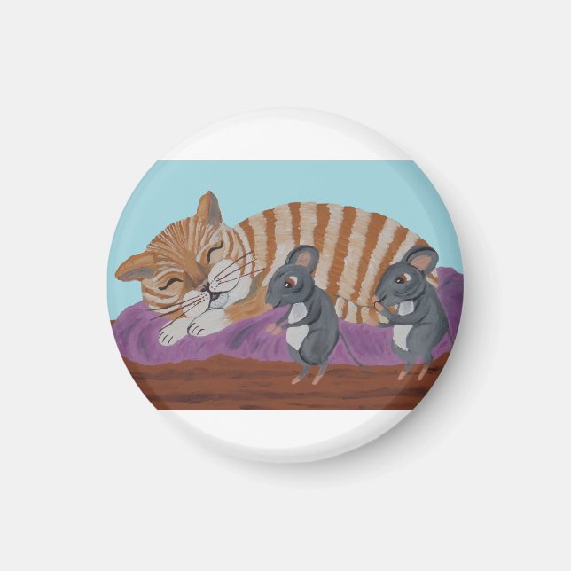 Sleeping Cat with Sneaky Mice  Magnet (Front)